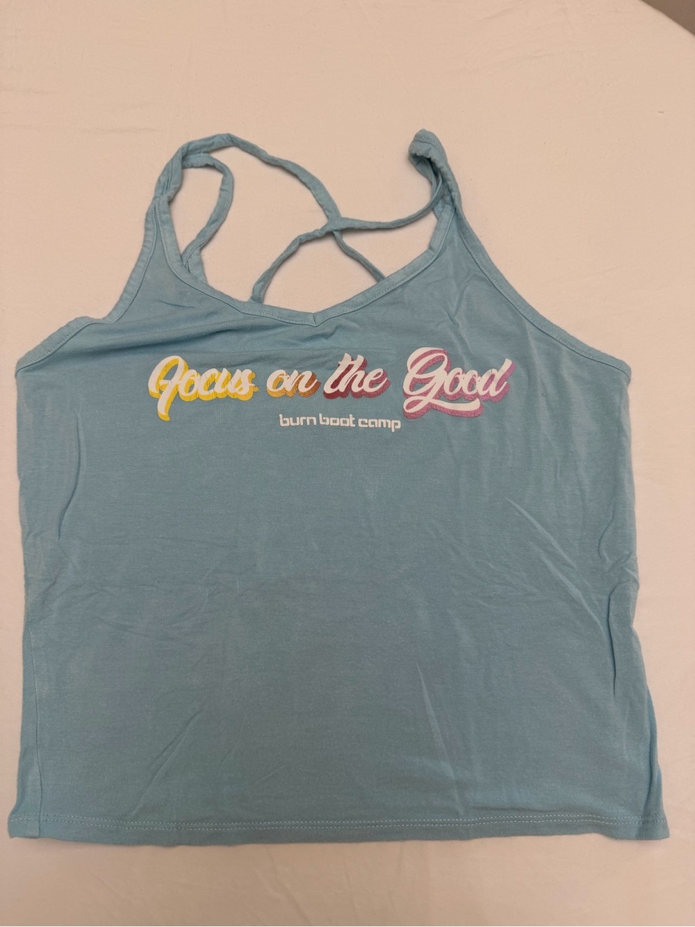 Burn Boot Camp "Focus on the Good" Light Blue Strappy Tank